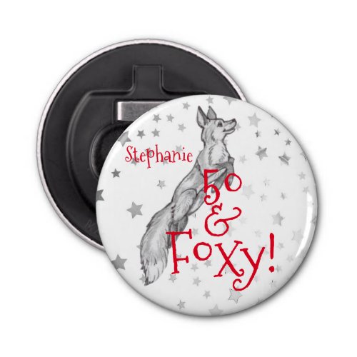 Fabulous Foxy 50th Birthday Black White Red Fox Bottle Opener