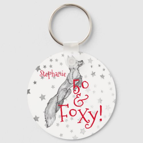 Fabulous Foxy 50th Birthday Black White Red Fox Keychain