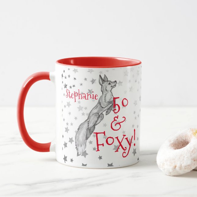 Fabulous Foxy 50th Birthday Black White Red Fox Mug (With Donut)
