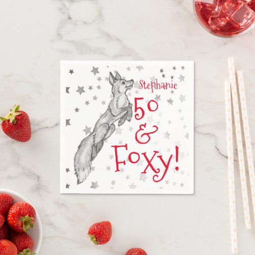 Fabulous Foxy 50th Birthday Black White Red Fox   Napkins