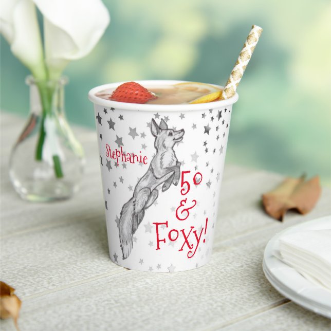 Fabulous Foxy 50th Birthday Black White Red Fox Paper Cups (Insitu)