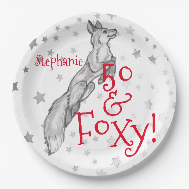 Fabulous Foxy 50th Birthday Black White Red Fox    Paper Plates (Front)