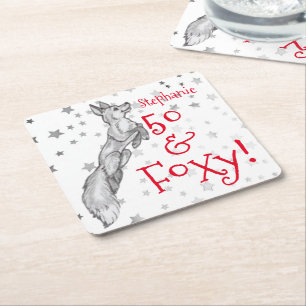 Fabulous Foxy 50th Birthday Black White Red Fox Square Paper Coaster