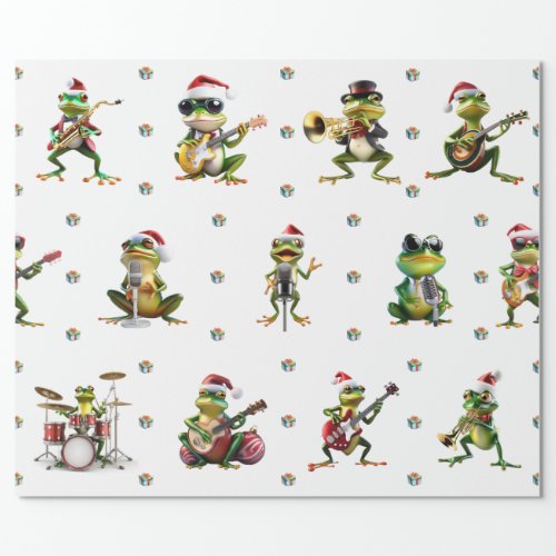 Fabulous Frog Jazz Band Christmas Holiday on White Wrapping Paper