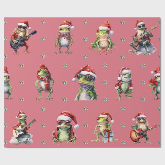 Fabulous Frog Rock Band Christmas Holiday Lt Red Wrapping Paper (Flat)