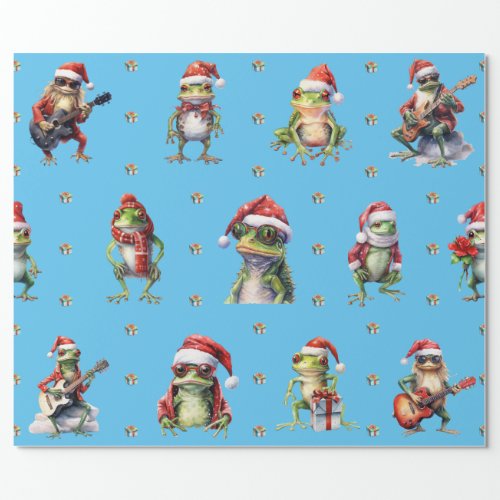 Fabulous Frog Rock Band Christmas Holiday on Blue Wrapping Paper