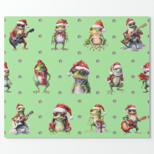 Fabulous Frog Rock Band Christmas Holiday on Green Wrapping Paper