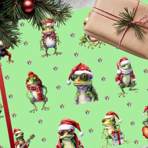 Fabulous Frog Rock Band Christmas Holiday on Green Wrapping Paper