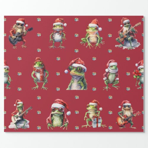 Fabulous Frog Rock Band Christmas Holiday on Red Wrapping Paper