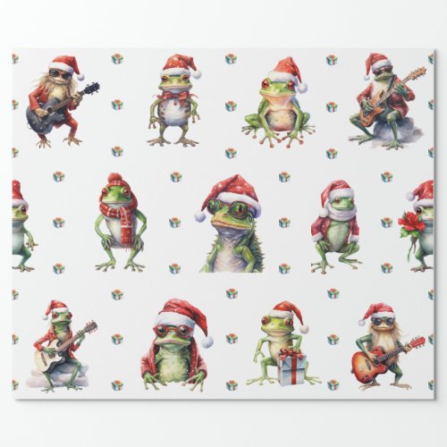 Fabulous Frog Rock Band Christmas Holiday on White Wrapping Paper