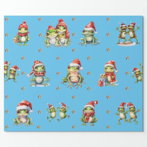 Fabulous Frogs Christmas Holiday on Blue Wrapping Paper