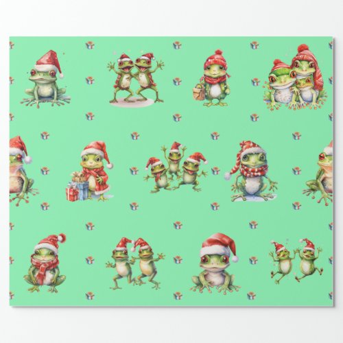 Fabulous Frogs Christmas Holiday on Green Wrapping Wrapping Paper