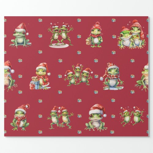 Fabulous Frogs Christmas Holiday on Red Wrapping Wrapping Paper