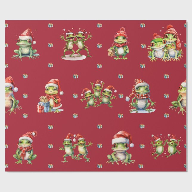 Fabulous Frogs Christmas Holiday on Red Wrapping Wrapping Paper (Flat)