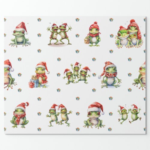 Fabulous Frogs Christmas Holiday on White Wrapping Paper