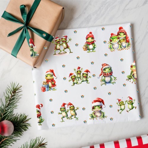 Fabulous Frogs Christmas Holiday on White Wrapping Paper