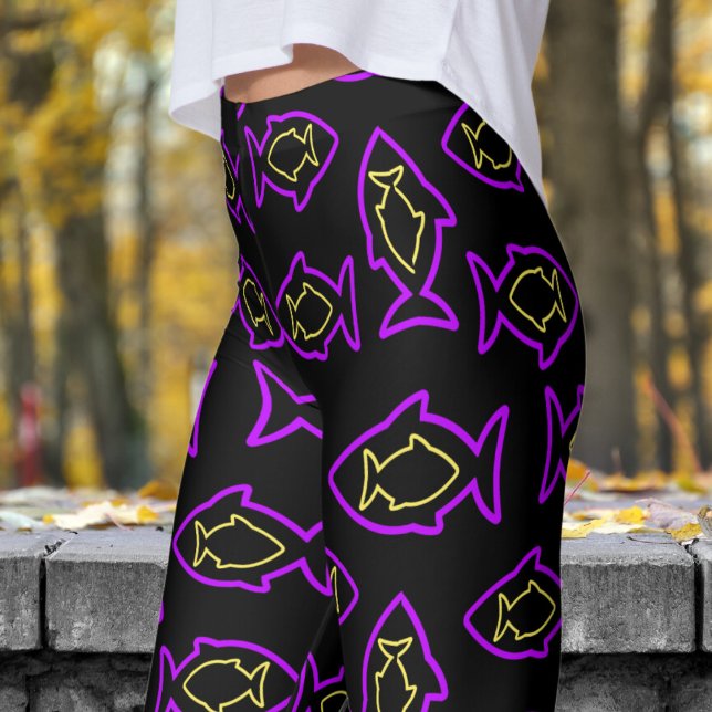 Fabulous Fun Black and Purple Fin Pattern Leggings (Purple Fin on Black)