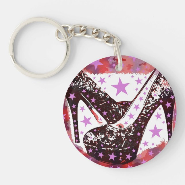 Fabulous Glamourous Pink Purple High Heels Stars Keychain (Front)