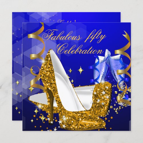 Fabulous Glitter Blue Gold High Heel Birthday 5 Invitation