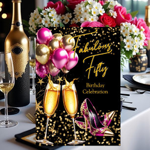 Fabulous Glitter Hot Pink Gold heels Champagne Invitation