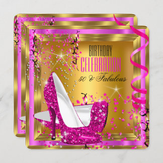 Fabulous Glitter Pink High Heels Gold Birthday 2 Invitation