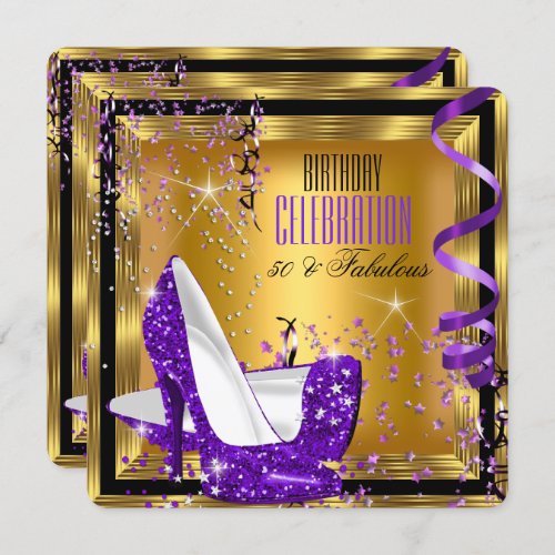 Fabulous Glitter Purple High Heels Gold Birthday 2 Invitation