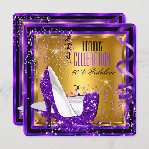 Fabulous Glitter Purple High Heels Gold Birthday Invitation