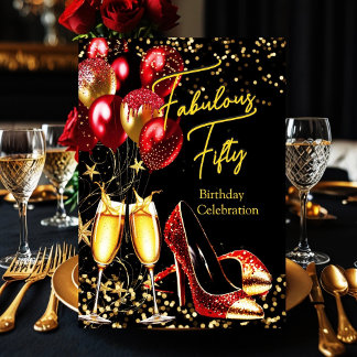 Fabulous Glitter Red Gold heels Champagne Invitation