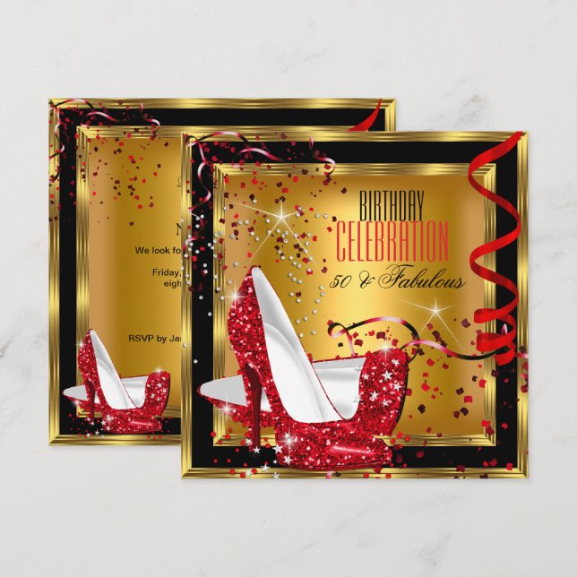 Fabulous Glitter Red High Heels Gold Birthday 2 Invitation (Front/Back)