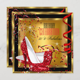 Fabulous Glitter Red High Heels Gold Birthday 2 Invitation