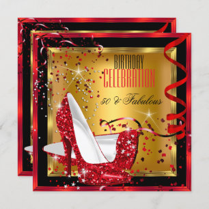 Fabulous Glitter Red High Heels Gold Birthday Invitation