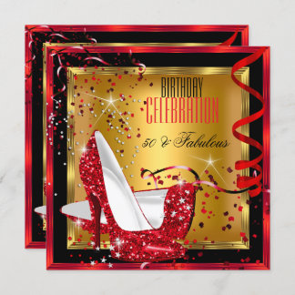 Fabulous Glitter Red High Heels Gold Birthday Invitation