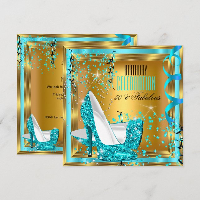 Fabulous Glitter Teal High Heels Gold Birthday 2 Invitation (Front/Back)