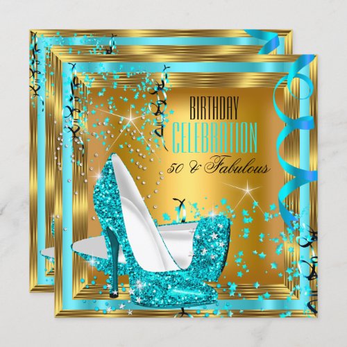 Fabulous Glitter Teal High Heels Gold Birthday 2 Invitation