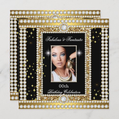 Fabulous Gold Black Glamour Photo Diamond Party Invitation