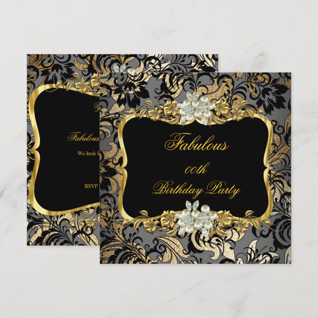 Fabulous Gold Black Gray Pearl Damask Party Invitation (Front/Back)