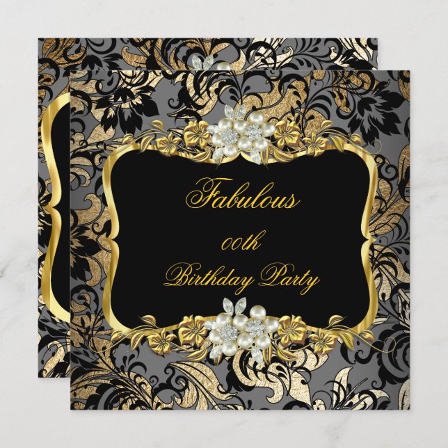 Fabulous Gold Black Gray Pearl Damask Party Invitation (Front/Back)