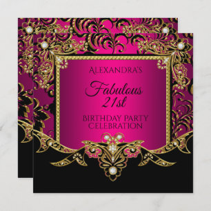 Fabulous Gold Hot Pink Black 21st Birthday Party Invitation