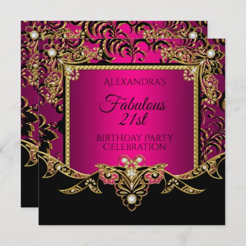 Fabulous Gold Hot Pink Black 21st Birthday Party Invitation