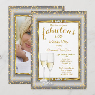 Fabulous Gold Silver Champagne Photo Birthday Invitation
