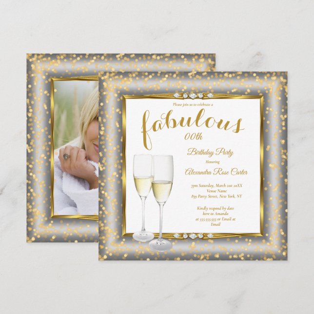 Fabulous Gold Silver Champagne Photo Birthday sq Invitation (Front/Back)