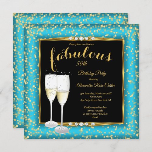 Fabulous Gold Teal blue Champagne Photo Birthday 2 Invitation