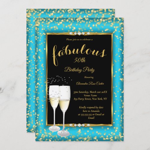 Fabulous Gold Teal blue Champagne Photo Party Invitation
