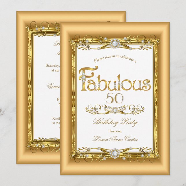 Fabulous Gold White Diamond Birthday Party Invitation (Front/Back)