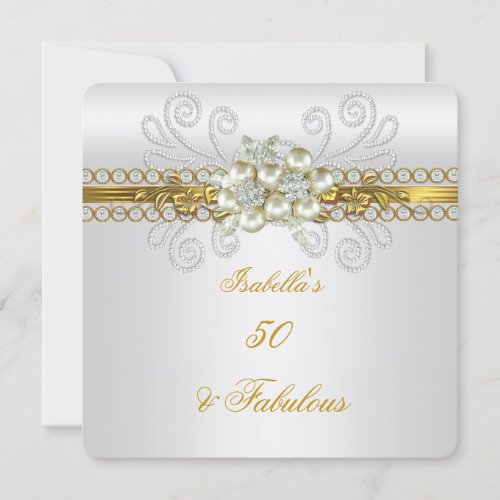 Fabulous Gold White Diamond Pearl Floral Birthday Invitation