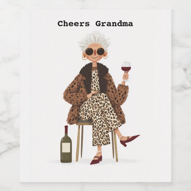 Fabulous Grandma in Leopard Style Wine Label (Single Label)