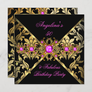 Fabulous Hot Pink Gold Black Damask Invitation