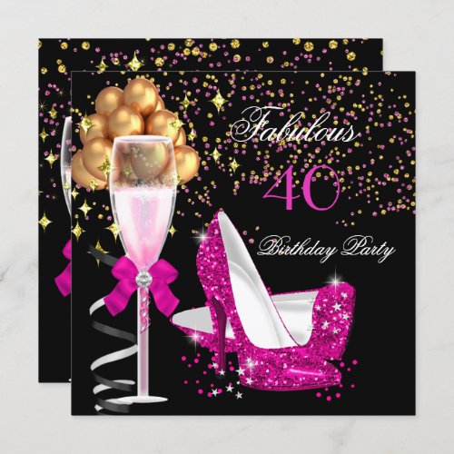 Fabulous Hot Pink Heels Gold Black Birthday Party Invitation