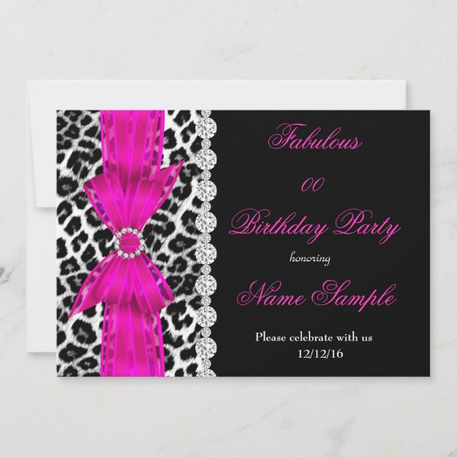 Fabulous Hot Pink Leopard Birthday Party Black Invitation (Front)