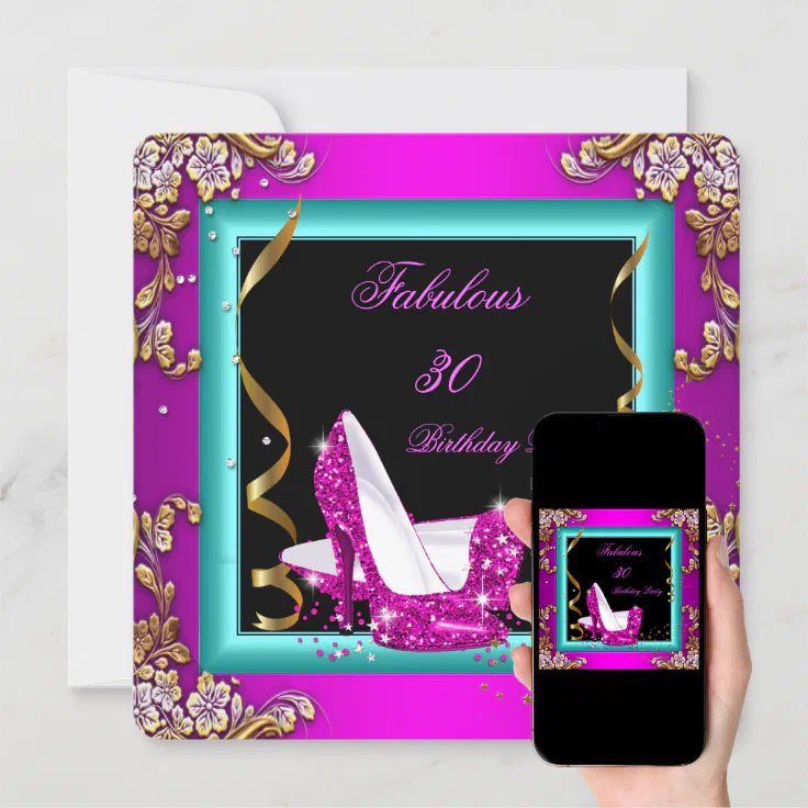 Fabulous Hot Pink Teal Glitter Gold Birthday Party Invitation Zazzle